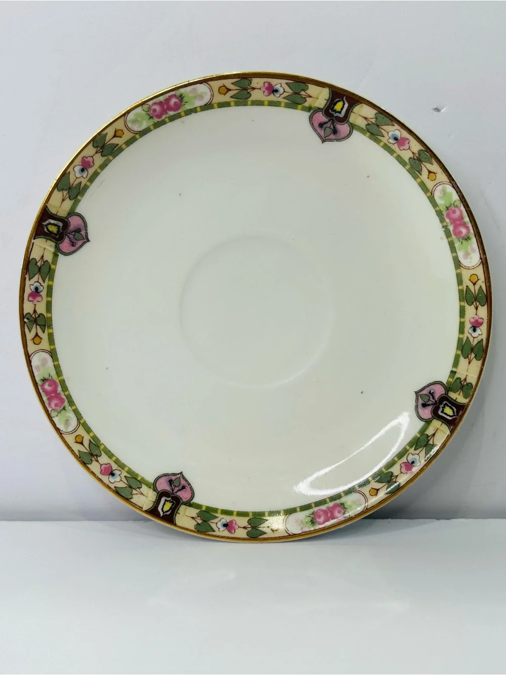 Noritake White Saucer with Pink and Green Floral Border and Gold Trim